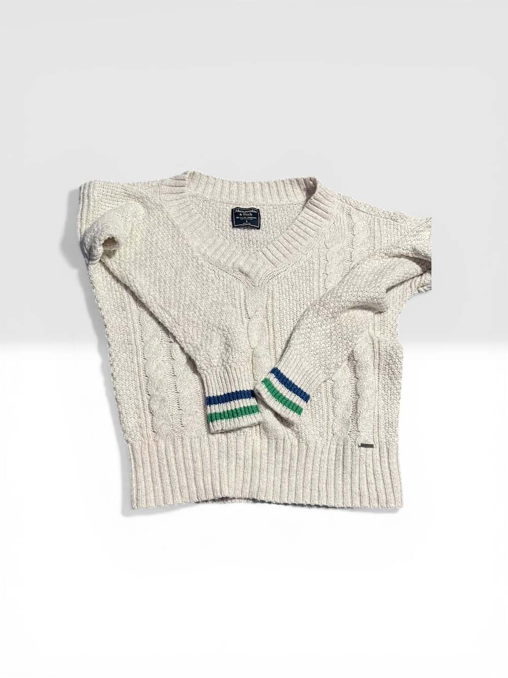 Abercrombie & Fitch Ivory Cable Knit V-Neck Cricket Sweater with Striped Cuffs